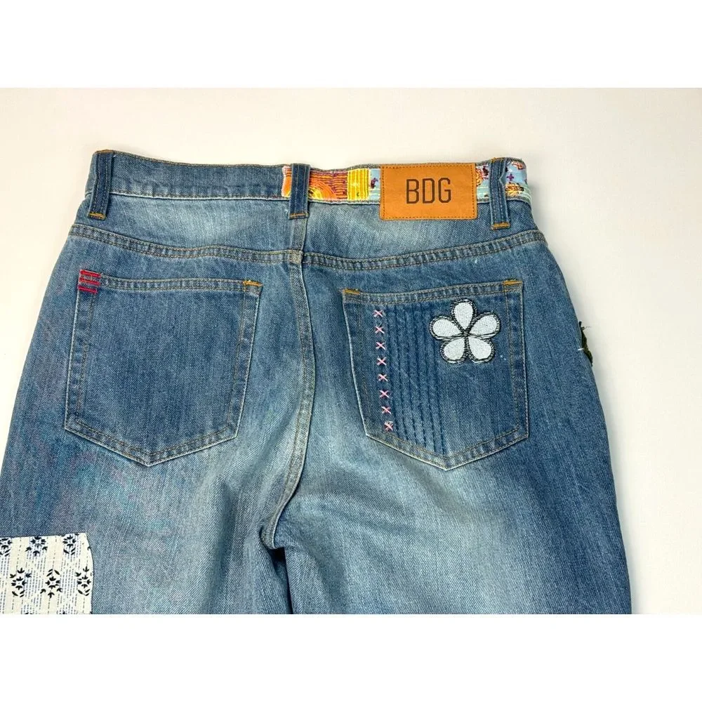 BDG Urban‎ Outfitters High Rise Flare Jeans Women 26 Art Patch Boho Hippie 70s